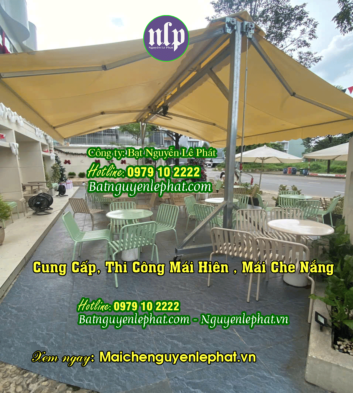 Dù che nắng quán cafe đẹp tại khu vực Bcons với logo thương hiệu rõ nét